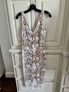 NADINE MERABI White Floral Lace Midi Dress on Nude Base